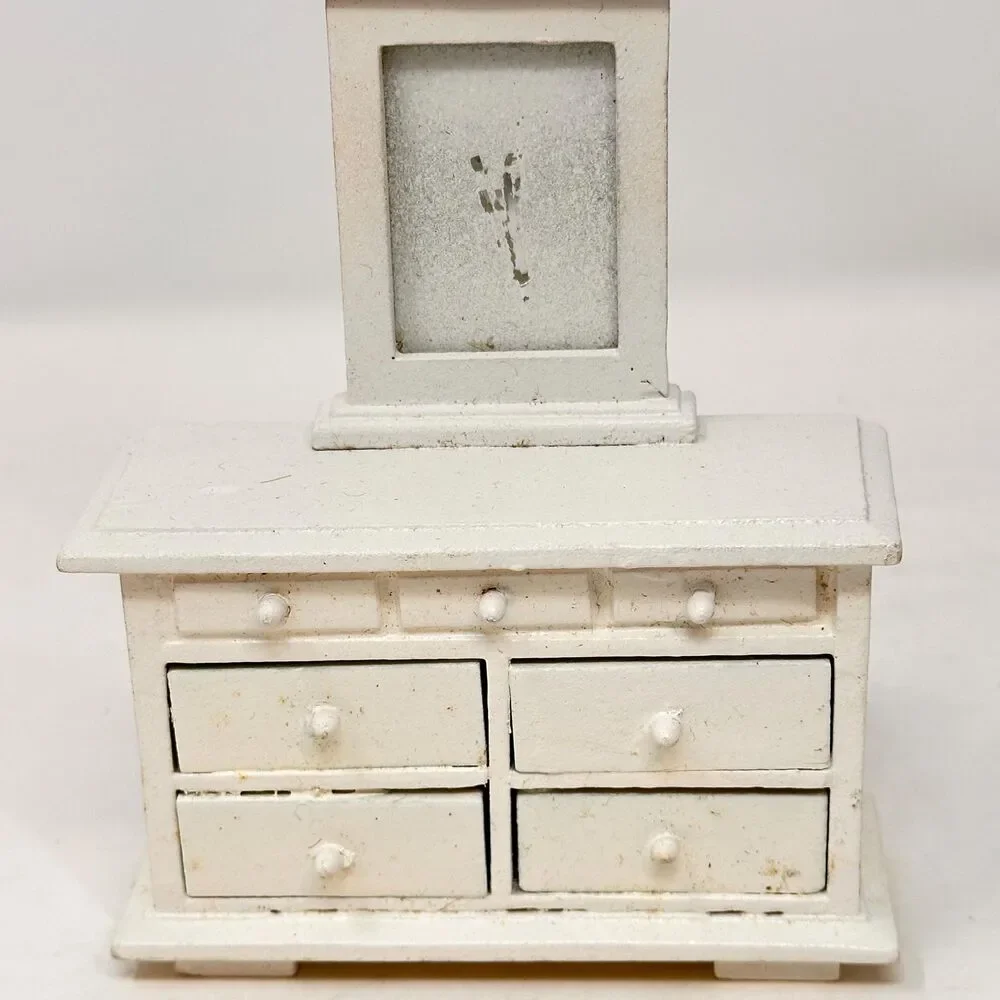 Vintage White Dollhouse Dresser 1:12 Miniature Vanity Wood Faux Drawers